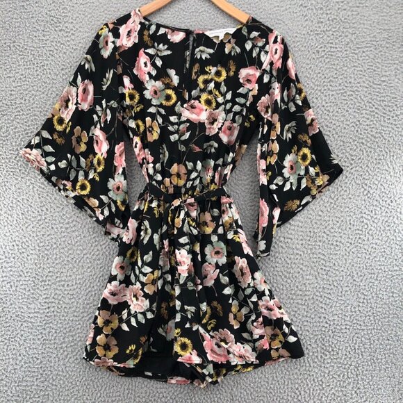 Cupcakes & Cashmere Romper Womens Extra Small Black Floral Slit Sleeve V Neck - Picture 1 of 11